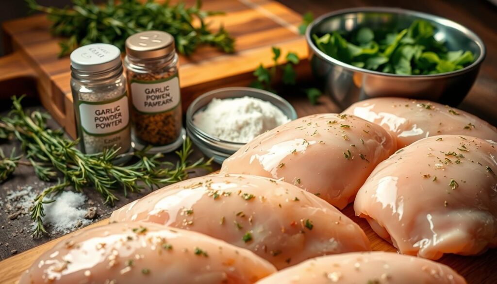 A beautifully lit close-up photograph of the essential ingredients for melt-in-your-mouth chicken breast. In the foreground, tender chicken breasts glistening with a light marinade of olive oil, lemon juice, and fragrant herbs. In the middle ground, a selection of seasonings including garlic powder, onion powder, paprika, and a sprinkle of salt and pepper. In the background, a wooden cutting board and a stainless steel bowl filled with fresh thyme sprigs, rosemary, and chopped parsley. The lighting is soft and warm, creating a welcoming and appetizing atmosphere. A beautifully lit close-up photograph of the essential ingredients for melt-in-your-mouth chicken breast. In the foreground, tender chicken breasts glistening with a light marinade of olive oil, lemon juice, and fragrant herbs. In the middle ground, a selection of seasonings including garlic powder, onion powder, paprika, and a sprinkle of salt and pepper. In the background, a wooden cutting board and a stainless steel bowl filled with fresh thyme sprigs, rosemary, and chopped parsley. The lighting is soft and warm, creating a welcoming and appetizing atmosphere.