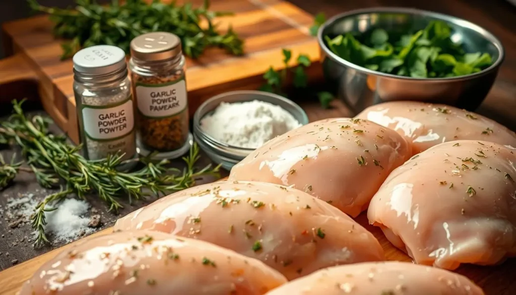 A beautifully lit close-up photograph of the essential ingredients for melt-in-your-mouth chicken breast. In the foreground, tender chicken breasts glistening with a light marinade of olive oil, lemon juice, and fragrant herbs. In the middle ground, a selection of seasonings including garlic powder, onion powder, paprika, and a sprinkle of salt and pepper. In the background, a wooden cutting board and a stainless steel bowl filled with fresh thyme sprigs, rosemary, and chopped parsley. The lighting is soft and warm, creating a welcoming and appetizing atmosphere. A-beautifully-lit-close-up-photograph-of-the-essential-ingredients-for-melt-in-your-mouth