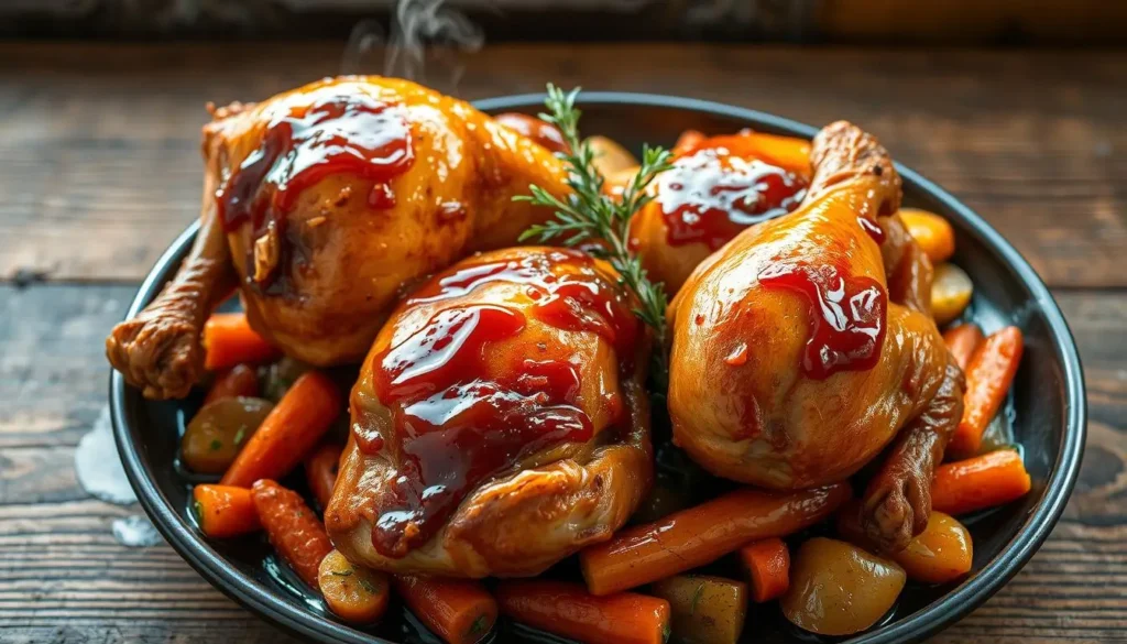 A delectable slow-cooked chicken dish, glistening with a rich honey garlic glaze, sits in the center of a rustic wooden table. The chicken's golden brown skin crisps under soft lighting, casting a warm glow across the scene. Plump, juicy thighs and drumsticks rest atop a bed of tender, caramelized vegetables - carrots, onions, and fragrant herbs. The aromatic steam rises, hinting at the savory flavors within. A sprig of fresh thyme and a drizzle of the sticky-sweet sauce add the final touches to this comforting, homestyle meal, perfect for an evening spent relaxing in the slow cooker's embrace. A-delectable-slow-cooked-chicken-dish-glistening-with-a-rich-honey-garlic-glaze-sits-in-the