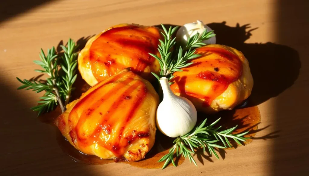 Carefully arranged on a wooden table, a succulent honey garlic chicken dish takes center stage. The chicken breasts, seared to perfection, glisten with a glossy, caramelized sauce. Plump cloves of garlic, their aroma wafting through the air, nestle alongside the chicken. Sprigs of fresh thyme and rosemary add vibrant pops of green, complementing the warm tones of the dish. Soft shadows cast by the natural lighting create a cozy, inviting atmosphere, drawing the viewer in to savor the flavors. The scene evokes a sense of homemade comfort, perfect for enjoying a delectable honey garlic chicken meal. Carefully-arranged-on-a-wooden-table-a-succulent-honey-garlic-chicken-dish-takes-center-stage