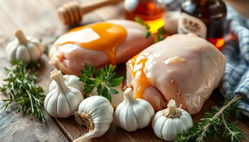 High-quality, vivid close-up shot of essential ingredients for honey garlic chicken dish - fresh chicken thighs, garlic cloves, honey pot, soy sauce bottle, and fresh herbs like thyme or parsley, arranged on a rustic wooden table with natural lighting, creating a warm, cozy, and appetizing atmosphere. High-quality-vivid-close-up-shot-of-essential-ingredients-for-honey-garlic-chicken-dish-