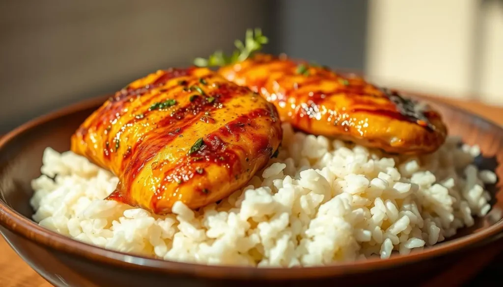 Honey garlic chicken breasts, seared to golden perfection, nestled atop a bed of fluffy white rice. The chicken glistens with a sticky-sweet glaze, accented by fragrant garlic and aromatic herbs. Warm lighting casts a cozy glow, casting soft shadows that accentuate the dish's textures. A shallow depth of field keeps the foreground in sharp focus, while the background fades softly into an inviting blur. This mouthwatering scene captures the comforting essence of a weeknight meal that delivers big flavors with minimal effort. Honey-garlic-chicken-breasts-seared-to-golden-perfection-nestled-atop-a-bed-of-fluffy-white