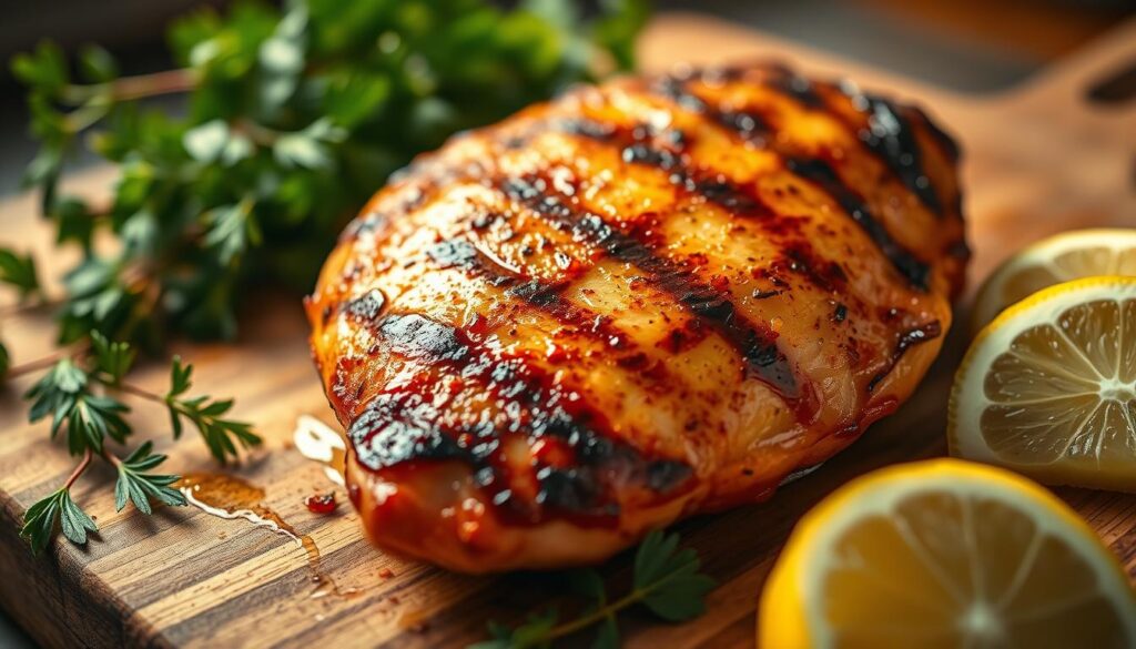 Succulent, juicy chicken breast, grilled to perfection, glistening with golden-brown caramelized edges. Tender, melt-in-your-mouth texture, bursting with savory, umami flavors. Backlit by warm, diffused lighting, casting a soft, inviting glow. Placed on a rustic wooden cutting board, surrounded by fresh herbs and lemon wedges, creating a vibrant, appetizing scene. Captured from a low, angled perspective to highlight the dish's inviting qualities. The mood is one of comfort, home-cooked goodness, and an irresistible culinary experience. Succulent, juicy chicken breast, grilled to perfection, glistening with golden-brown caramelized edges. Tender, melt-in-your-mouth texture, bursting with savory, umami flavors. Backlit by warm, diffused lighting, casting a soft, inviting glow. Placed on a rustic wooden cutting board, surrounded by fresh herbs and lemon wedges, creating a vibrant, appetizing scene. Captured from a low, angled perspective to highlight the dish's inviting qualities. The mood is one of comfort, home-cooked goodness, and an irresistible culinary experience.