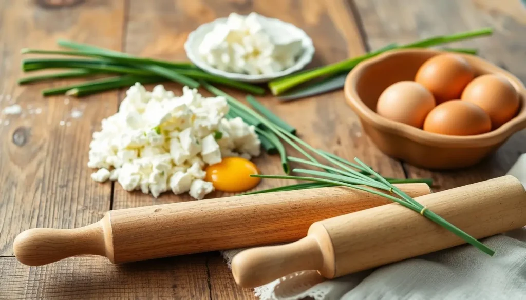 3 ingredient cottage cheese flatbread ingredients and kitchen tools: on a rustic wooden table, a close-up shot highlighting a pile of fresh cottage cheese, a handful of eggs, and a few sprigs of green onions or chives. In the foreground, arrange a rolling pin, a clean linen cloth, and a simple clay baking dish. The lighting is natural, with soft shadows and a warm, inviting atmosphere. The focus is on the simplicity and freshness of the ingredients, conveying the ease and homemade quality of the cottage cheese flatbread recipe. 3-ingredient-cottage-cheese-flatbread-ingredients-and-kitchen-tools-on-a-rustic-wooden-table-