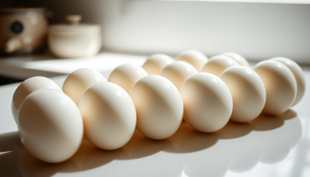 A batch of perfectly cooked hard boiled eggs, their smooth shells gleaming under natural lighting. The eggs are neatly arranged on a clean, white ceramic surface, casting gentle shadows that accentuate their rounded forms. In the background, a minimalist kitchen scene with muted tones provides a simple, uncluttered setting, allowing the eggs to take center stage. The composition is balanced, with the eggs positioned to draw the viewer's eye and highlight their simplicity and versatility as a nutritious, easily prepared food. The overall mood is one of tranquility, inviting the viewer to appreciate the humble beauty and practical value of this classic culinary staple. A batch of perfectly cooked hard boiled eggs, their smooth shells gleaming under natural lighting. The eggs are neatly arranged on a clean, white ceramic surface, casting gentle shadows that accentuate their rounded forms. In the background, a minimalist kitchen scene with muted tones provides a simple, uncluttered setting, allowing the eggs to take center stage. The composition is balanced, with the eggs positioned to draw the viewer's eye and highlight their simplicity and versatility as a nutritious, easily prepared food. The overall mood is one of tranquility, inviting the viewer to appreciate the humble beauty and practical value of this classic culinary staple.