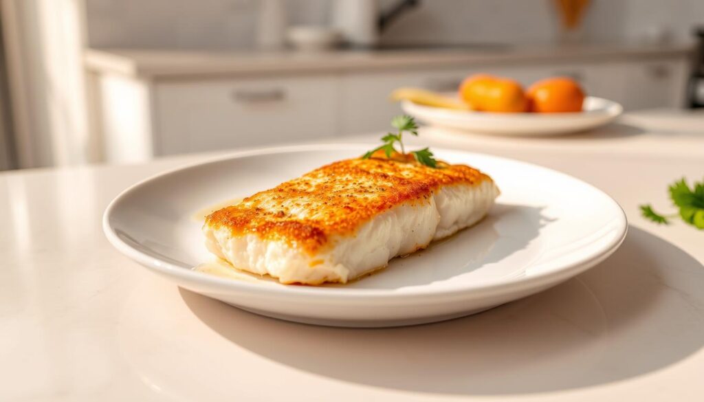 A beautifully baked cod fillet rests on a pristine white plate, its golden-brown crust glistening under the warm, soft lighting. The flaky, moist fish is garnished with delicate sprigs of fresh parsley, casting gentle shadows across the plate. In the background, a minimalist, neutral-toned kitchen scene provides a clean, uncluttered backdrop, allowing the cod to take center stage. The overall composition exudes a sense of effortless elegance, perfectly capturing the essence of "Mastering Baked Cod: Tips & Tricks". A beautifully baked cod fillet rests on a pristine white plate, its golden-brown crust glistening under the warm, soft lighting. The flaky, moist fish is garnished with delicate sprigs of fresh parsley, casting gentle shadows across the plate. In the background, a minimalist, neutral-toned kitchen scene provides a clean, uncluttered backdrop, allowing the cod to take center stage. The overall composition exudes a sense of effortless elegance, perfectly capturing the essence of "Mastering Baked Cod: Tips & Tricks".