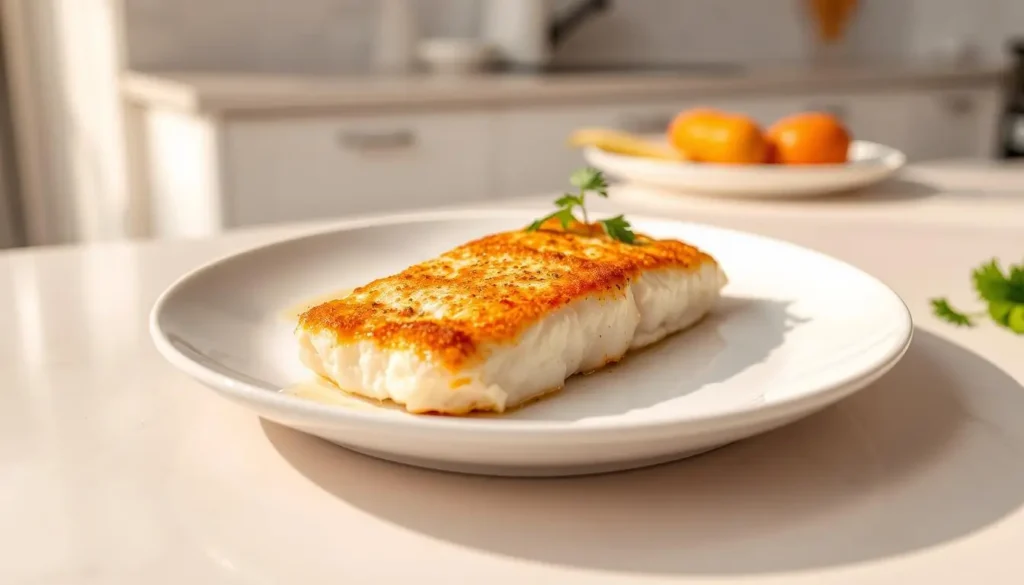 A beautifully baked cod fillet rests on a pristine white plate, its golden-brown crust glistening under the warm, soft lighting. The flaky, moist fish is garnished with delicate sprigs of fresh parsley, casting gentle shadows across the plate. In the background, a minimalist, neutral-toned kitchen scene provides a clean, uncluttered backdrop, allowing the cod to take center stage. The overall composition exudes a sense of effortless elegance, perfectly capturing the essence of "Mastering Baked Cod: Tips & Tricks". A-beautifully-baked-cod-fillet-rests-on-a-pristine-white-plate-its-golden-brown-crust
