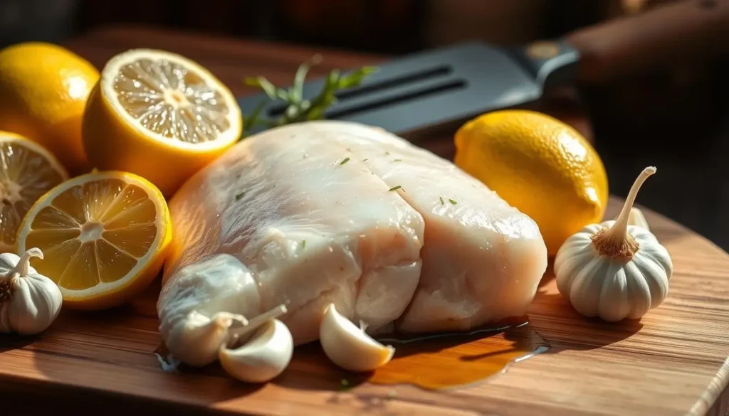 A beautifully composed still life image showcasing the essential ingredients and tools for a delectable lemon garlic cod recipe. In the foreground, a glistening fillet of fresh cod is flanked by plump lemons and fragrant garlic cloves, artfully arranged against a backdrop of wooden cutting board and classic kitchen utensils. Soft, natural lighting illuminates the scene, casting warm, inviting shadows and highlights that accentuate the textures and colors of the ingredients. The overall mood is one of culinary simplicity and confidence, hinting at the flavors and aromas that will soon fill the kitchen as this healthy, baked cod dish is prepared. A-beautifully-composed-still-life-image-showcasing-the-essential-ingredients-and-tools-for-a