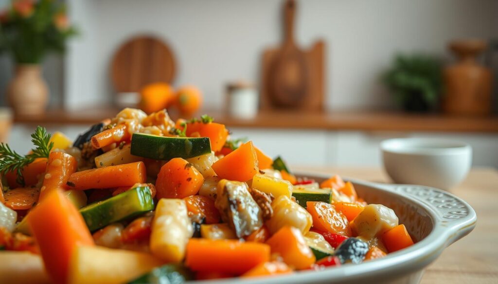 A beautifully crafted mixed vegetable casserole, its vibrant colors and enticing aromas filling the frame. In the foreground, an array of fresh vegetables - carrots, zucchini, bell peppers, and onions - nestled together in a ceramic baking dish, drizzled with a rich, creamy sauce. The middle ground reveals a warm, inviting atmosphere, with soft, diffused lighting casting a gentle glow over the scene. In the background, a minimalist kitchen setting, with clean, simple lines and natural wood accents, creating a harmonious and appetizing composition. The overall mood is one of comforting homemade goodness, inviting the viewer to step into the frame and savor the delicious, wholesome dish.