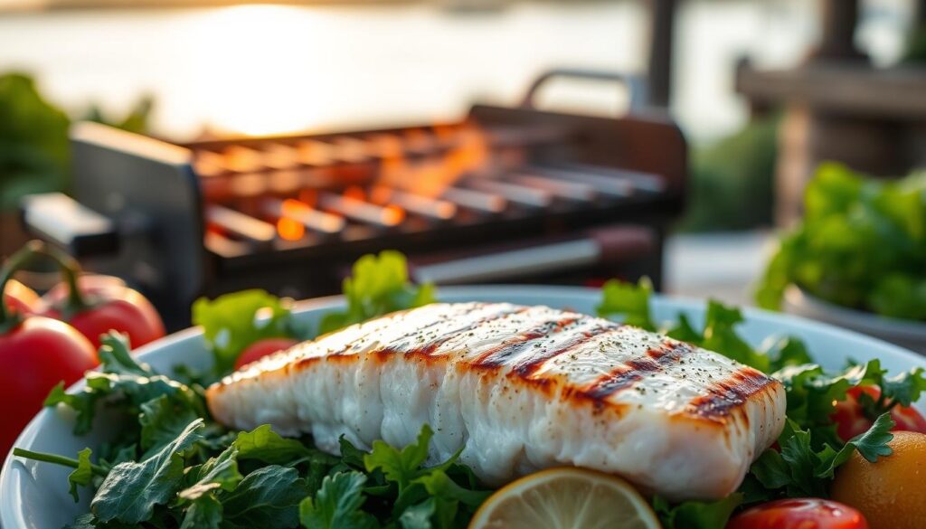 A beautifully grilled mahi mahi fillet rests atop a bed of vibrant greens, surrounded by a selection of fresh, seasonal produce. The fish glistens in the soft, golden light, its flaky texture and delicate flavor on full display. In the background, a warm, inviting grill emits a subtle smoky aroma, while the calm, coastal atmosphere sets the scene. This image captures the essence of the benefits of grilling mahi mahi - its healthfulness, its versatility, and its ability to bring a touch of island sophistication to any meal.
