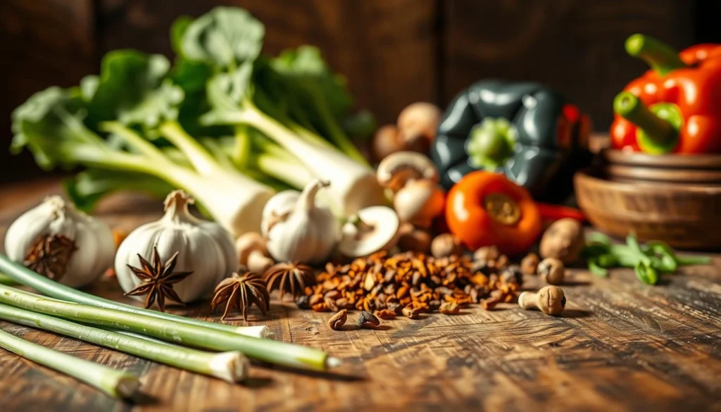 A beautifully lit, close-up image of a selection of classic Chinese dinner ingredients on a rustic wooden table. In the foreground, glistening soy sauce, fragrant garlic, and fresh green onions. In the middle ground, a pile of aromatic spices like star anise and Sichuan peppercorns. Towards the back, a variety of fresh vegetables like bok choy, shiitake mushrooms, and bright red bell peppers. The lighting is warm and natural, casting gentle shadows and highlighting the textures and colors of the ingredients. The image has a calm, inviting atmosphere, setting the stage for the creation of a delicious, authentic Chinese meal. A-beautifully-lit-close-up-image-of-a-selection-of-classic-Chinese-dinner-ingredients-on-a