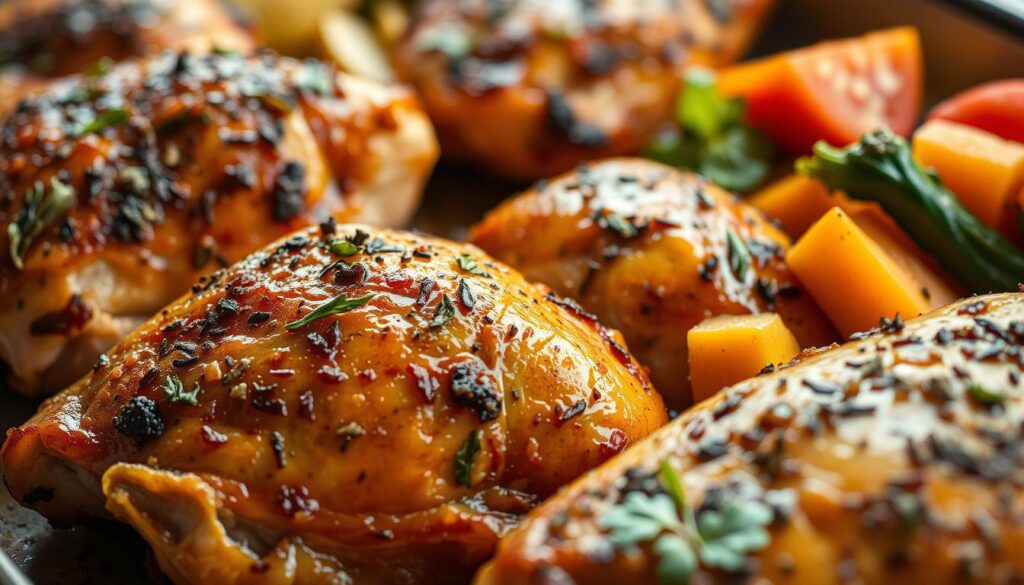 A beautifully lit, high-resolution close-up of a variety of delectable baked chicken dishes, including juicy chicken breasts, roasted with aromatic herbs and spices, alongside a vibrant selection of fresh, colorful vegetables. The scene is captured from a slightly elevated angle, highlighting the succulent, golden-brown texture of the chicken and the vibrant hues of the accompanying produce. The lighting is warm and natural, casting gentle shadows that accentuate the depth and texture of the scene. The overall mood is one of culinary sophistication and appetite-inducing appeal, inviting the viewer to savor the healthful and delicious possibilities of baked chicken.