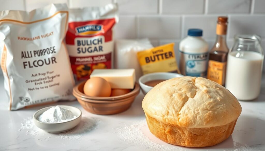 A beautifully lit, high-resolution, close-up photograph of the essential ingredients for making Hawaiian sweet bread, including a soft, golden-domed loaf in the foreground, surrounded by a neatly arranged array of ingredients such as all-purpose flour, granulated sugar, eggs, butter, milk, vanilla extract, and a dusting of powdered sugar, all captured against a backdrop of a pristine white countertop, with natural lighting casting warm, diffused shadows and highlights that accentuate the textures and colors of the scene. A beautifully lit, high-resolution, close-up photograph of the essential ingredients for making Hawaiian sweet bread, including a soft, golden-domed loaf in the foreground, surrounded by a neatly arranged array of ingredients such as all-purpose flour, granulated sugar, eggs, butter, milk, vanilla extract, and a dusting of powdered sugar, all captured against a backdrop of a pristine white countertop, with natural lighting casting warm, diffused shadows and highlights that accentuate the textures and colors of the scene.
