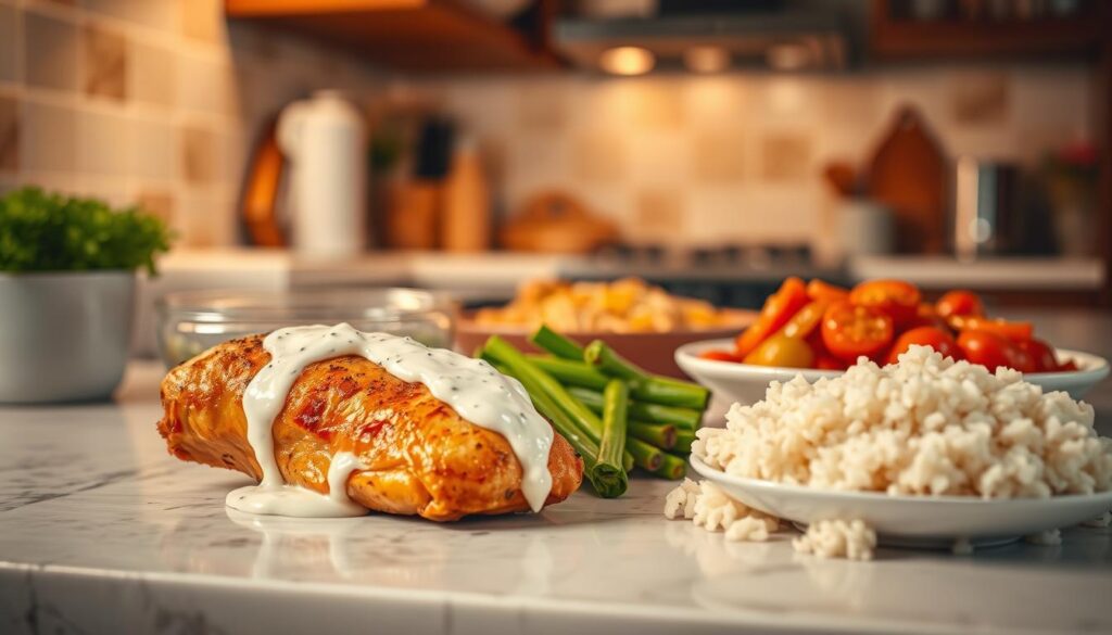A beautifully lit kitchen countertop showcasing a series of easy-to-prepare chicken dishes, including a golden-brown baked chicken with a creamy ranch sauce, freshly roasted vegetables, and a side of fluffy rice. The scene is captured with a wide-angle lens, emphasizing the inviting and homely atmosphere. Warm, soft lighting from above casts gentle shadows, highlighting the natural textures and vibrant colors of the ingredients. The overall mood is one of comfort, simplicity, and the welcoming aroma of a delicious, effortless home-cooked meal. A beautifully lit kitchen countertop showcasing a series of easy-to-prepare chicken dishes, including a golden-brown baked chicken with a creamy ranch sauce, freshly roasted vegetables, and a side of fluffy rice. The scene is captured with a wide-angle lens, emphasizing the inviting and homely atmosphere. Warm, soft lighting from above casts gentle shadows, highlighting the natural textures and vibrant colors of the ingredients. The overall mood is one of comfort, simplicity, and the welcoming aroma of a delicious, effortless home-cooked meal.