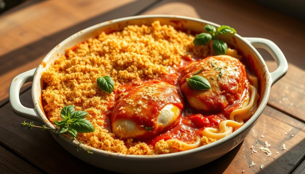 A beautifully plated chicken parmesan casserole, the golden-brown breadcrumb topping contrasting with the vibrant red of the tomato sauce. The tender chicken breasts are nestled in a thick, bubbling cheese sauce, punctuated by the fragrant basil leaves. The scene is bathed in warm, natural lighting, creating a cozy, inviting atmosphere. The casserole dish is positioned on a rustic wooden table, with a sprig of fresh thyme and a sprinkle of grated parmesan adding the final touches. The overall presentation evokes the comforting, homemade nature of this classic Italian-American dish. A beautifully plated chicken parmesan casserole, the golden-brown breadcrumb topping contrasting with the vibrant red of the tomato sauce. The tender chicken breasts are nestled in a thick, bubbling cheese sauce, punctuated by the fragrant basil leaves. The scene is bathed in warm, natural lighting, creating a cozy, inviting atmosphere. The casserole dish is positioned on a rustic wooden table, with a sprig of fresh thyme and a sprinkle of grated parmesan adding the final touches. The overall presentation evokes the comforting, homemade nature of this classic Italian-American dish.