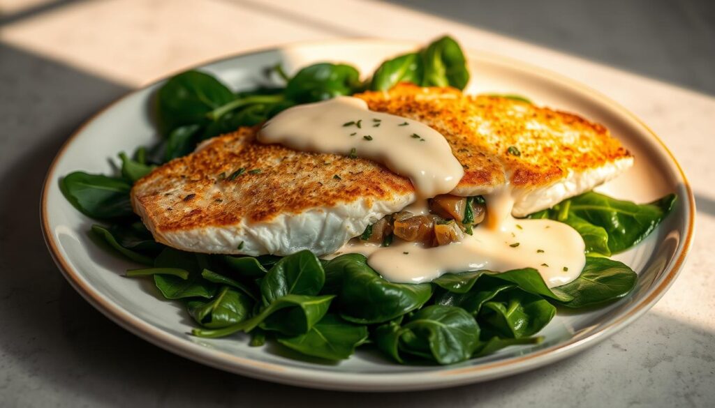 A beautifully plated, golden-brown-crusted flounder filet rests on a bed of vibrant green spinach leaves, drizzled with a creamy béchamel sauce. The fish is stuffed with a savory filling of sautéed onions, garlic, and fresh herbs. Delicate rays of warm, directional lighting cast soft shadows, highlighting the flaky texture of the fish and the lush, verdant spinach. The composition is balanced, with the flounder occupying the central focus, surrounded by a minimalist, sophisticated tabletop setting. The overall mood is one of culinary elegance and appetite appeal. A beautifully plated, golden-brown-crusted flounder filet rests on a bed of vibrant green spinach leaves, drizzled with a creamy béchamel sauce. The fish is stuffed with a savory filling of sautéed onions, garlic, and fresh herbs. Delicate rays of warm, directional lighting cast soft shadows, highlighting the flaky texture of the fish and the lush, verdant spinach. The composition is balanced, with the flounder occupying the central focus, surrounded by a minimalist, sophisticated tabletop setting. The overall mood is one of culinary elegance and appetite appeal.
