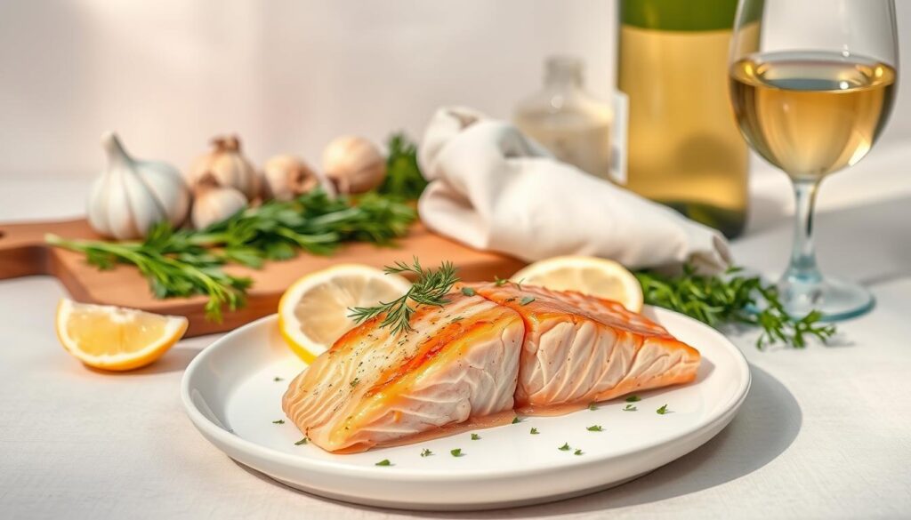 A beautifully styled salmon dinner set against a soft, neutral-toned backdrop. In the foreground, a perfectly seared salmon fillet rests on a white ceramic plate, garnished with fresh dill, lemon slices, and a sprinkle of chopped parsley. Behind it, a wooden cutting board showcases complementary ingredients like garlic, herbs, and olive oil, creating a harmonious and appetizing still life. The middle ground features a light-colored linen napkin and a glass of crisp white wine, adding to the elegant and inviting atmosphere. Warm, natural lighting from the side casts gentle shadows, highlighting the vibrant colors and textures of the meal. The overall composition exudes a sense of health, sophistication, and culinary delight. A beautifully styled salmon dinner set against a soft, neutral-toned backdrop. In the foreground, a perfectly seared salmon fillet rests on a white ceramic plate, garnished with fresh dill, lemon slices, and a sprinkle of chopped parsley. Behind it, a wooden cutting board showcases complementary ingredients like garlic, herbs, and olive oil, creating a harmonious and appetizing still life. The middle ground features a light-colored linen napkin and a glass of crisp white wine, adding to the elegant and inviting atmosphere. Warm, natural lighting from the side casts gentle shadows, highlighting the vibrant colors and textures of the meal. The overall composition exudes a sense of health, sophistication, and culinary delight.