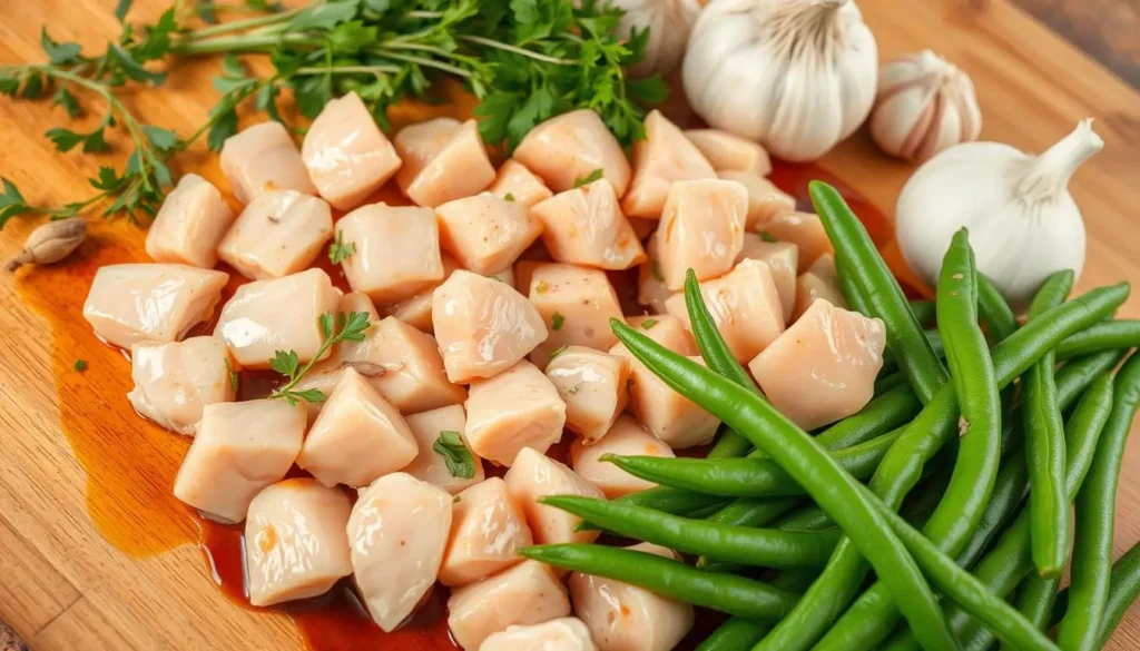 A bountiful arrangement of fresh chicken, vibrant green beans, and aromatic seasonings, artfully captured in a beautifully lit, high-resolution photograph. The chicken is sliced into bite-sized pieces, glistening with a light marinade. The green beans are perfectly crunchy, their vibrant green hue popping against the warm, earthy tones of the wooden surface. Sprigs of fresh herbs, slivers of garlic, and a splash of soy sauce add depth and complexity to the still life. The image is framed at a slight angle, creating a sense of movement and dynamism, inviting the viewer to imagine the upcoming stir-fry sizzling in the pan. Soft, diffused lighting bathes the ingredients in a warm, appetizing glow, showcasing their freshness and quality. A-bountiful-arrangement-of-fresh-chicken-vibrant-green-beans-and-aromatic-seasonings