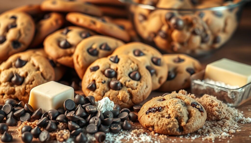 A bountiful arrangement of freshly baked chocolate chip cookies, their golden-brown surfaces glistening under soft, warm lighting. In the foreground, a scattering of chocolate chips, brown sugar, butter, and flour, meticulously placed to showcase the essential ingredients. The middle ground features a mixing bowl filled with a luscious cookie dough, its texture smooth and inviting. In the background, a wooden table or countertop, its natural grain and texture providing a rustic, homey backdrop. The overall mood is one of cozy, comforting nostalgia, evoking the familiar scent and flavors of the classic chocolate chip cookie. A bountiful arrangement of freshly baked chocolate chip cookies, their golden-brown surfaces glistening under soft, warm lighting. In the foreground, a scattering of chocolate chips, brown sugar, butter, and flour, meticulously placed to showcase the essential ingredients. The middle ground features a mixing bowl filled with a luscious cookie dough, its texture smooth and inviting. In the background, a wooden table or countertop, its natural grain and texture providing a rustic, homey backdrop. The overall mood is one of cozy, comforting nostalgia, evoking the familiar scent and flavors of the classic chocolate chip cookie.