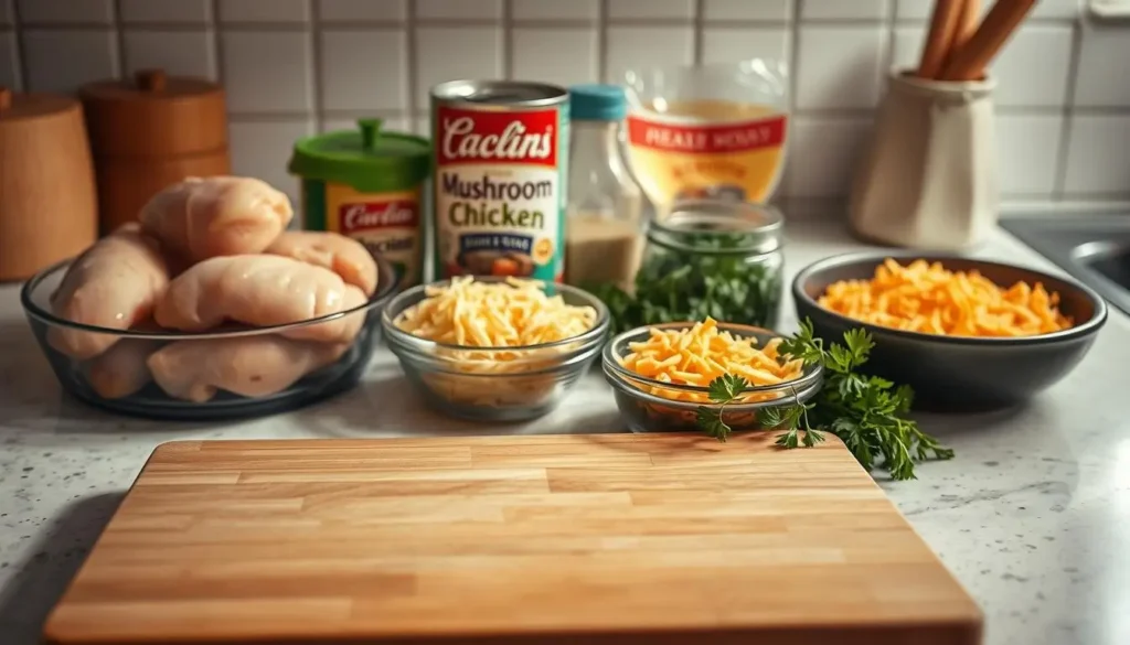 A bountiful kitchen counter, softly illuminated, showcases a selection of essential ingredients for preparing a delectable chicken casserole: plump chicken breasts, creamy mushroom soup, shredded cheddar cheese, and a medley of fresh herbs. In the foreground, a cutting board stands ready, its wooden surface awaiting the skilled hands of the chef. The scene is bathed in a warm, inviting light, conveying a sense of culinary preparation and the promise of a satisfying, freezer-friendly meal to come. A-bountiful-kitchen-counter-softly-illuminated-showcases-a-selection-of-essential-ingredients