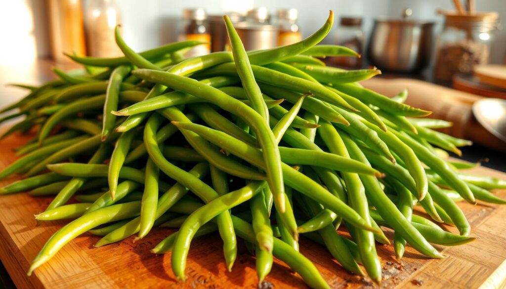 A bountiful pile of freshly harvested green beans, their vibrant green hues glistening under warm, natural lighting. The beans are arranged on a rustic wooden cutting board, their slender forms neatly aligned, ready to be sautéed to perfection. In the background, a well-stocked kitchen counter with jars of spices and a few simple cooking utensils, conveying a sense of culinary preparation. The overall mood is one of simplicity, freshness, and the anticipation of a delicious, homemade sautéed green bean dish. A bountiful pile of freshly harvested green beans, their vibrant green hues glistening under warm, natural lighting. The beans are arranged on a rustic wooden cutting board, their slender forms neatly aligned, ready to be sautéed to perfection. In the background, a well-stocked kitchen counter with jars of spices and a few simple cooking utensils, conveying a sense of culinary preparation. The overall mood is one of simplicity, freshness, and the anticipation of a delicious, homemade sautéed green bean dish.