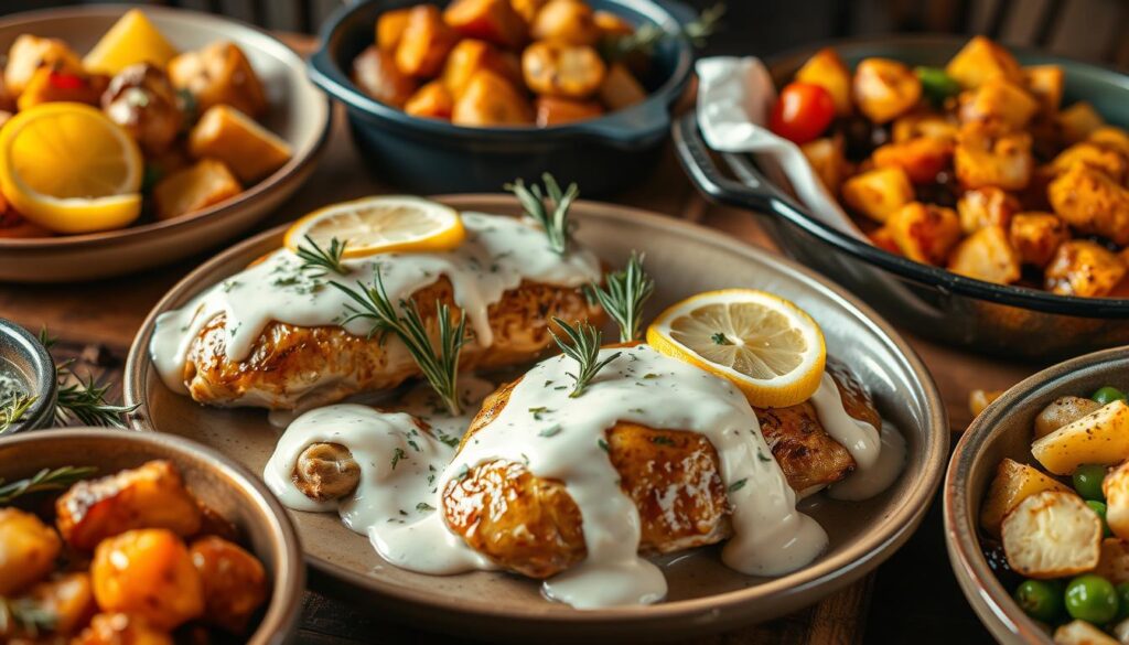 A bountiful spread of delectable ranch chicken dishes, beautifully presented in a rustic, farmhouse-inspired setting. Freshly baked chicken breasts drizzled with a creamy, tangy ranch sauce, garnished with vibrant sprigs of rosemary and sliced lemon. Steaming side dishes of roasted potatoes and sautéed vegetables complete the scene, bathed in warm, golden lighting that accentuates the inviting textures and vibrant colors. The overall atmosphere is one of wholesome, homemade comfort, enticing the viewer to dive into these easy, crowd-pleasing ranch chicken recipes. A bountiful spread of delectable ranch chicken dishes, beautifully presented in a rustic, farmhouse-inspired setting. Freshly baked chicken breasts drizzled with a creamy, tangy ranch sauce, garnished with vibrant sprigs of rosemary and sliced lemon. Steaming side dishes of roasted potatoes and sautéed vegetables complete the scene, bathed in warm, golden lighting that accentuates the inviting textures and vibrant colors. The overall atmosphere is one of wholesome, homemade comfort, enticing the viewer to dive into these easy, crowd-pleasing ranch chicken recipes.