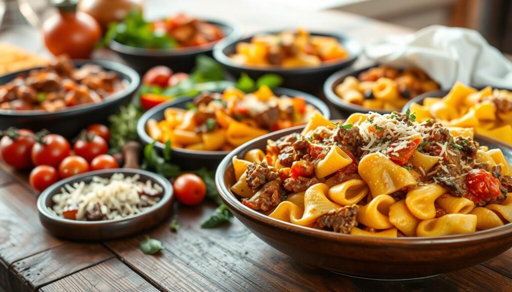 A bountiful spread of freshly cooked beef pasta dishes, artfully arranged on a rustic wooden table. In the foreground, a hearty bowl of creamy beef and bowtie pasta, the thick sauce glistening and the pasta cooked to al dente perfection. Surrounding it, an array of ingredients - tender beef chunks, vibrant tomatoes, aromatic herbs, and a sprinkle of parmesan cheese. In the middle ground, additional pasta dishes, each with their own unique flavors and textures, inviting the viewer to savor the culinary delights. The background is softly blurred, allowing the focus to remain on the mouth-watering spread. Warm, natural lighting casts a cozy glow, evoking a sense of homemade comfort. The overall composition is balanced and visually appealing, capturing the essence of the "Creamy Beef and Bowtie Pasta" dish. A bountiful spread of freshly cooked beef pasta dishes, artfully arranged on a rustic wooden table. In the foreground, a hearty bowl of creamy beef and bowtie pasta, the thick sauce glistening and the pasta cooked to al dente perfection. Surrounding it, an array of ingredients - tender beef chunks, vibrant tomatoes, aromatic herbs, and a sprinkle of parmesan cheese. In the middle ground, additional pasta dishes, each with their own unique flavors and textures, inviting the viewer to savor the culinary delights. The background is softly blurred, allowing the focus to remain on the mouth-watering spread. Warm, natural lighting casts a cozy glow, evoking a sense of homemade comfort. The overall composition is balanced and visually appealing, capturing the essence of the "Creamy Beef and Bowtie Pasta" dish.