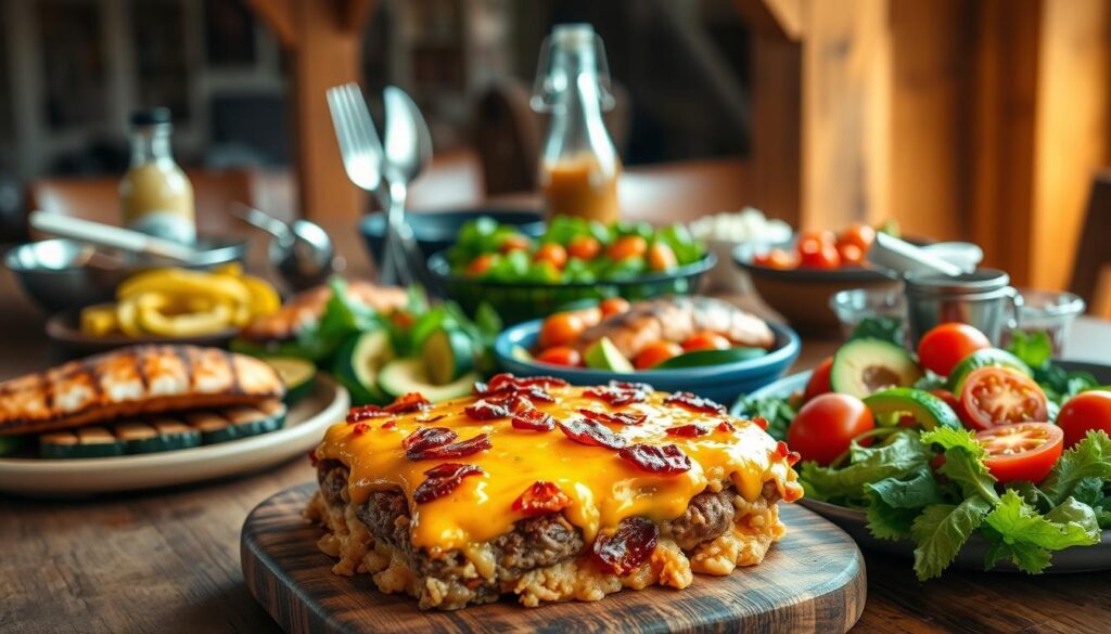 A bountiful spread of keto-friendly dinner options, artfully arranged on a rustic wooden table. In the foreground, a hearty bacon cheeseburger casserole, its golden-brown crust and melted cheese topping glistening under warm, soft lighting. Surrounding it, an assortment of low-carb delights - grilled salmon fillets, roasted zucchini spirals, and a vibrant salad of mixed greens, avocado, and cherry tomatoes. In the middle ground, a set of gleaming stainless steel cooking utensils and a bottle of keto-approved dressing, hinting at the care and attention that went into these comforting, satisfying dishes. The background fades into a cozy, rustic ambiance, with wooden beams and earthy tones creating a welcoming, homey atmosphere. The overall scene conveys the perfect balance of flavor, nutrition, and indulgence that embodies the essence of keto-friendly comfort food. A bountiful spread of keto-friendly dinner options, artfully arranged on a rustic wooden table. In the foreground, a hearty bacon cheeseburger casserole, its golden-brown crust and melted cheese topping glistening under warm, soft lighting. Surrounding it, an assortment of low-carb delights - grilled salmon fillets, roasted zucchini spirals, and a vibrant salad of mixed greens, avocado, and cherry tomatoes. In the middle ground, a set of gleaming stainless steel cooking utensils and a bottle of keto-approved dressing, hinting at the care and attention that went into these comforting, satisfying dishes. The background fades into a cozy, rustic ambiance, with wooden beams and earthy tones creating a welcoming, homey atmosphere. The overall scene conveys the perfect balance of flavor, nutrition, and indulgence that embodies the essence of keto-friendly comfort food.