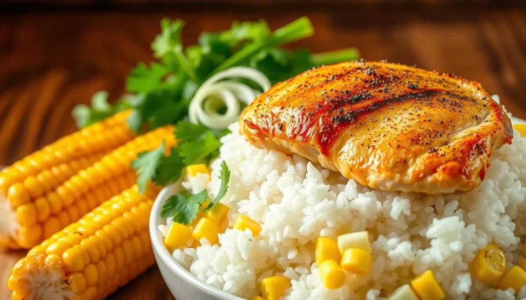 A bountiful still life showcasing the essential ingredients for a street corn chicken rice bowl. In the foreground, a succulent chicken breast, seasoned and pan-seared to golden perfection, rests atop a bed of fluffy, steaming white rice. Surrounding the chicken are vibrant, fire-roasted corn kernels, their crisp texture and sweet smoky flavor complementing the savory dish. In the middle ground, fresh cilantro sprigs and sliced scallions add a pop of color and herbaceous notes, while in the background, a subtly textured wooden surface provides a rustic backdrop. Warm, directional lighting casts a soft glow, highlighting the dish's enticing qualities and creating an inviting, artisanal atmosphere. A-bountiful-still-life-showcasing-the-essential-ingredients-for-a-street-corn-chicken-rice