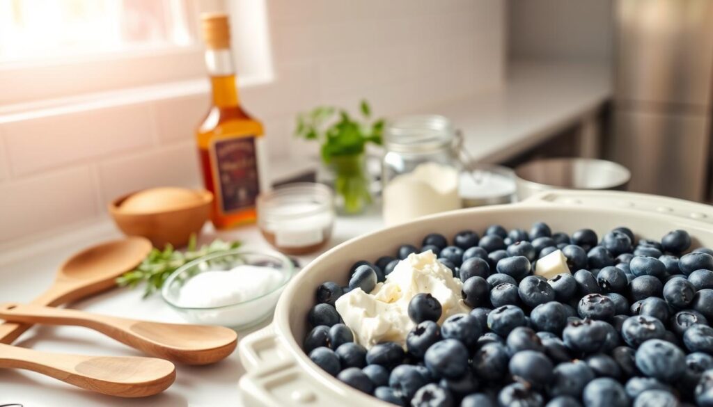 A bright, airy kitchen counter showcases an array of blueberry cottage cheese breakfast bake ingredients. In the foreground, a ceramic baking dish is filled with fresh blueberries, creamy cottage cheese, and flecks of vanilla bean. Surrounding the dish are wooden spoons, a small glass bowl of sugar, and a stainless steel measuring cup. In the middle ground, a mason jar of maple syrup and a bundle of fresh thyme add pops of color. The background features a clean, white subway tile backsplash and the edge of a stainless steel appliance, creating a modern, minimalist atmosphere. Bright, natural lighting from a nearby window casts a warm glow over the scene, highlighting the textures and hues of the ingredients. A bright, airy kitchen counter showcases an array of blueberry cottage cheese breakfast bake ingredients. In the foreground, a ceramic baking dish is filled with fresh blueberries, creamy cottage cheese, and flecks of vanilla bean. Surrounding the dish are wooden spoons, a small glass bowl of sugar, and a stainless steel measuring cup. In the middle ground, a mason jar of maple syrup and a bundle of fresh thyme add pops of color. The background features a clean, white subway tile backsplash and the edge of a stainless steel appliance, creating a modern, minimalist atmosphere. Bright, natural lighting from a nearby window casts a warm glow over the scene, highlighting the textures and hues of the ingredients.