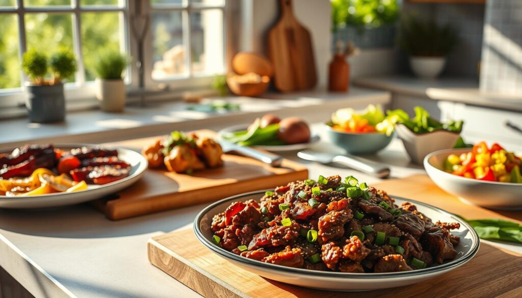 A bright, airy kitchen scene showcasing a variety of quick, weeknight dinner options. In the foreground, a platter of sizzling Mongolian beef, garnished with scallions and sesame seeds, takes center stage. Surrounding it, an array of easy-to-prepare meals like grilled chicken with roasted vegetables, a hearty pasta dish, and a colorful salad. The middle ground features a cutting board with fresh ingredients, casting long shadows under warm, directional lighting. In the background, a window overlooking a lush, green garden, hinting at the wholesome, homemade nature of these 30-minute recipes. An atmosphere of effortless, family-friendly mealtime emanates from the scene. A bright, airy kitchen scene showcasing a variety of quick, weeknight dinner options. In the foreground, a platter of sizzling Mongolian beef, garnished with scallions and sesame seeds, takes center stage. Surrounding it, an array of easy-to-prepare meals like grilled chicken with roasted vegetables, a hearty pasta dish, and a colorful salad. The middle ground features a cutting board with fresh ingredients, casting long shadows under warm, directional lighting. In the background, a window overlooking a lush, green garden, hinting at the wholesome, homemade nature of these 30-minute recipes. An atmosphere of effortless, family-friendly mealtime emanates from the scene.