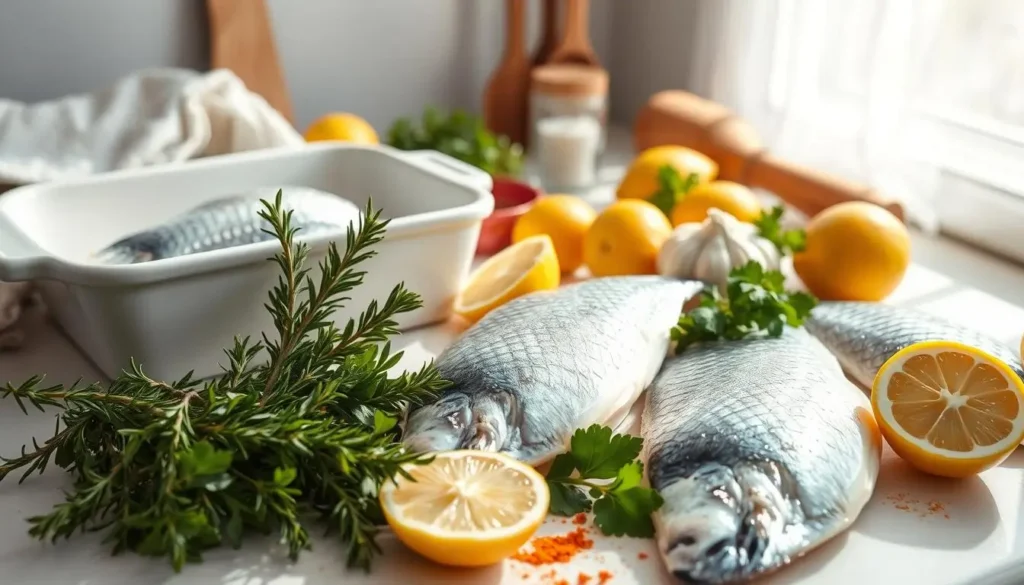 A bright, sun-dappled kitchen counter showcases a bountiful arrangement of fresh ingredients for baking tapila fish. In the foreground, glistening fillets of tapila, their scales sparkling, are flanked by aromatic herbs like rosemary, thyme, and parsley. Surrounding them are halved lemons, their vibrant yellow skin contrasting against the white ceramic dish. In the middle ground, a sprinkle of spices, including paprika and garlic powder, await their role in seasoning the fish. In the background, a crisp, white linen napkin and a few wooden cooking utensils hint at the culinary process to come, creating a sense of rustic, homemade elegance. The overall scene is warm, inviting, and brimming with the promise of a delicious, oven-baked tapila dish. A-bright-sun-dappled-kitchen-counter-showcases-a-bountiful-arrangement-of-fresh-ingredients
