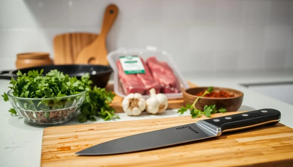 A bright, well-lit kitchen counter showcases a selection of kitchen tools and ingredients for preparing a delectable steak dish. In the foreground, a sharp chef's knife, a wooden cutting board, and a bowl of fresh herbs and spices take center stage. In the middle ground, a package of round steak and a few cloves of garlic sit alongside a cast-iron skillet, conveying the sense of a hands-on, rustic cooking experience. The background features a clean, minimalist backdrop, allowing the preparation process to be the focal point. The overall scene exudes a sense of culinary expertise and the promise of a mouthwatering, homemade meal. A-bright-well-lit-kitchen-counter-showcases-a-selection-of-kitchen-tools-and-ingredients-for