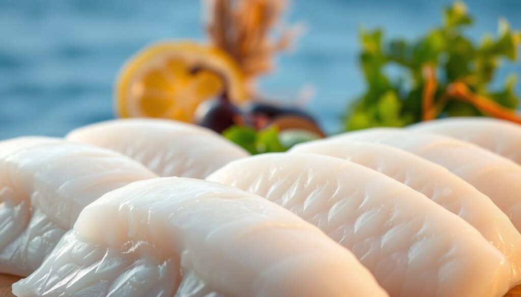 A close-up, high-resolution photograph of fresh, glistening cod fillets in the foreground, showcasing their vibrant white color, firm texture, and delicate flakes. In the middle ground, a vibrant display of various superfoods and ingredients associated with the health benefits of cod, such as leafy greens, vegetables, and herbs. The background features a serene, natural setting with calming blue tones, suggesting the clean, pure waters from which the cod was sourced. The lighting is soft and warm, highlighting the cod's natural beauty and the nutritional value of the accompanying ingredients. The overall mood is one of health, wellness, and the celebration of the versatility and benefits of this premium protein.