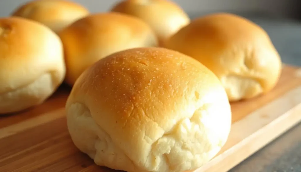 A close-up, high-resolution photograph of freshly baked bread machine rolls, with a soft, golden-brown crust and a fluffy, slightly steaming interior. The rolls are arranged on a wooden surface, with a neutral background that allows the focus to remain on the bread. Soft, natural lighting from the side creates a warm, inviting atmosphere, highlighting the texture and sheen of the rolls. The camera angle is slightly elevated, providing a clear view of the rolls' shape and size, emphasizing their homemade, artisanal appearance. The overall scene conveys the comforting aroma and irresistible appeal of a just-baked batch of Texas Roadhouse-style rolls, ready to be enjoyed. A-close-up-high-resolution-photograph-of-freshly-baked-bread-machine-rolls-with-a-soft