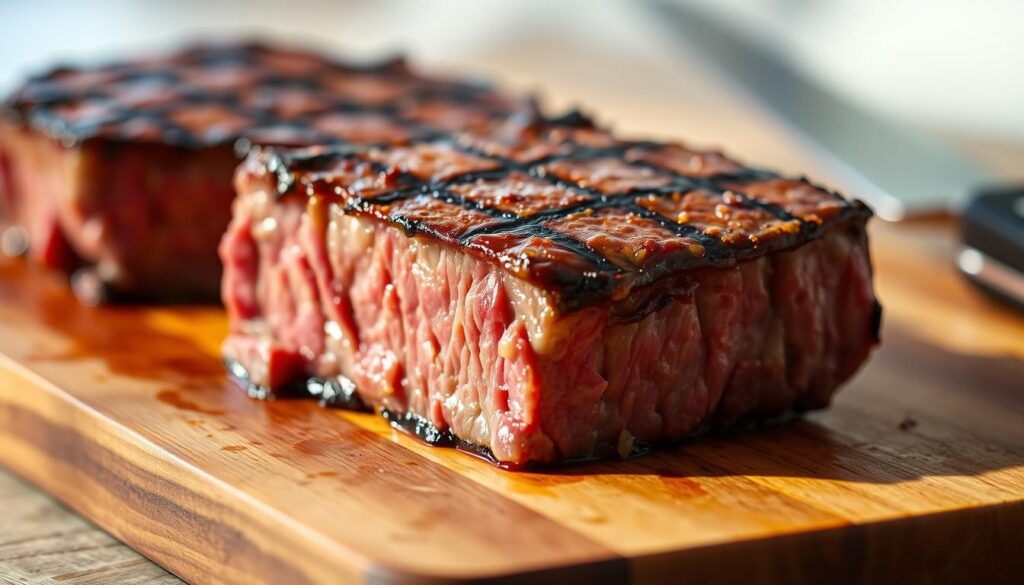 A close-up of a succulent, freshly grilled cube-shaped piece of beef steak, resting on a wooden cutting board. The steak's surface is glistening with a light sear, showcasing its tender and juicy interior. The lighting is warm and natural, casting subtle shadows that accentuate the steak's texture and shape. The background is blurred, allowing the steak to be the focal point, emphasizing its importance as the key ingredient in the "Smothered Philly Cheese Cubed Steak" dish. A close-up of a succulent, freshly grilled cube-shaped piece of beef steak, resting on a wooden cutting board. The steak's surface is glistening with a light sear, showcasing its tender and juicy interior. The lighting is warm and natural, casting subtle shadows that accentuate the steak's texture and shape. The background is blurred, allowing the steak to be the focal point, emphasizing its importance as the key ingredient in the "Smothered Philly Cheese Cubed Steak" dish.