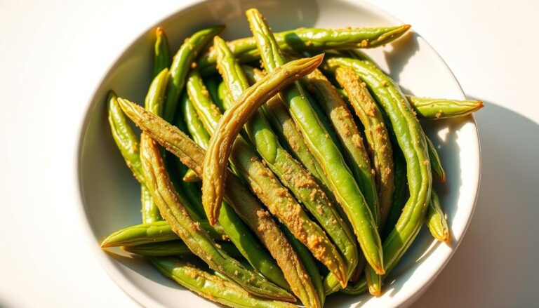 A close-up photograph of freshly air-fried green beans, glistening with a light golden-brown hue. The beans are arranged neatly in the center of a modern, minimalist white ceramic dish, their vibrant green color contrasting beautifully against the stark background. Warm, natural lighting from the side casts gentle shadows, accentuating the crisp, textured surface of the beans. The image has a clean, inviting aesthetic, showcasing the appealing appearance of air-fried green beans, a simple yet transformative cooking method.