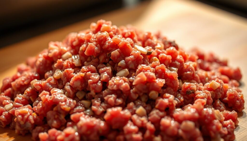 A close-up photograph of freshly minced beef or pork, glistening with natural juices and flecked with specks of fat. The mince is piled on a clean, neutral-colored surface, perhaps a wooden cutting board or stainless steel tray, bathed in warm, indirect lighting that casts subtle shadows and highlights the texture. The image has a crisp, high-resolution focus, capturing every nuanced detail of the ground meat's coarse, granular structure. The overall mood is one of culinary preparedness, inviting the viewer to envision the mince as the foundation for a hearty, homemade meat filling. A close-up photograph of freshly minced beef or pork, glistening with natural juices and flecked with specks of fat. The mince is piled on a clean, neutral-colored surface, perhaps a wooden cutting board or stainless steel tray, bathed in warm, indirect lighting that casts subtle shadows and highlights the texture. The image has a crisp, high-resolution focus, capturing every nuanced detail of the ground meat's coarse, granular structure. The overall mood is one of culinary preparedness, inviting the viewer to envision the mince as the foundation for a hearty, homemade meat filling.