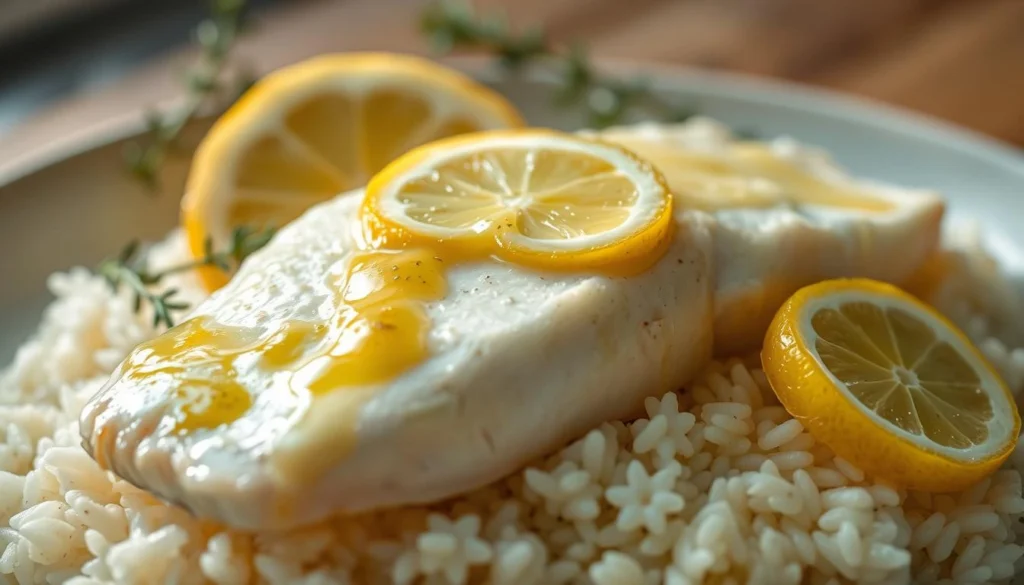 A close-up shot of a fresh, perfectly baked tilapia fillet, glistening with a vibrant lemon butter sauce. The fish is nestled atop a bed of fluffy white rice, garnished with delicate lemon slices and fragrant sprigs of thyme. The lighting is soft and natural, casting a warm, appetizing glow on the dish. The composition is balanced, with the tilapia as the central focus, surrounded by the complementary elements that enhance its flavors. The overall scene conveys a sense of simplicity, elegance, and the delightful aroma of a healthy, home-cooked meal. A-close-up-shot-of-a-fresh-perfectly-baked-tilapia-fillet-glistening-with-a-vibrant-lemon
