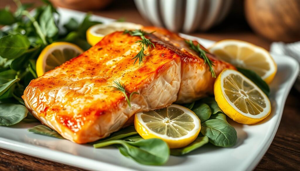 A close-up shot of a freshly baked salmon fillet, golden-brown and glistening, resting on a delicate bed of baby spinach leaves. The salmon is garnished with vibrant lemon slices and fragrant sprigs of dill, creating a visually appealing and appetizing composition. Soft, natural lighting from the side illuminates the succulent texture of the fish, while a blurred background with hints of a rustic kitchen setting provides a cozy and inviting atmosphere. The overall scene conveys the simple yet elegant nature of a classic oven-baked salmon dish, ready to be enjoyed as part of a healthy and delicious meal.