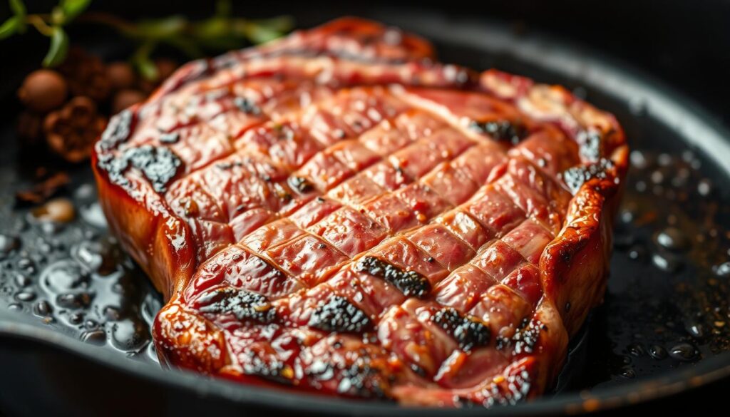 A close-up shot of a juicy, marbled ribeye steak, sizzling on a cast-iron pan. The meat is bathed in a warm, golden glow, with crisp, caramelized edges. Tiny droplets of rendered fat glisten on the surface, hinting at the rich, beefy flavor to come. In the background, a blend of earthy spices and fresh herbs, evoking the complex, aromatic profile of the ribeye. The scene is captured with a shallow depth of field, drawing the viewer's attention to the star of the show - the perfectly cooked, flavor-packed ribeye. A close-up shot of a juicy, marbled ribeye steak, sizzling on a cast-iron pan. The meat is bathed in a warm, golden glow, with crisp, caramelized edges. Tiny droplets of rendered fat glisten on the surface, hinting at the rich, beefy flavor to come. In the background, a blend of earthy spices and fresh herbs, evoking the complex, aromatic profile of the ribeye. The scene is captured with a shallow depth of field, drawing the viewer's attention to the star of the show - the perfectly cooked, flavor-packed ribeye.