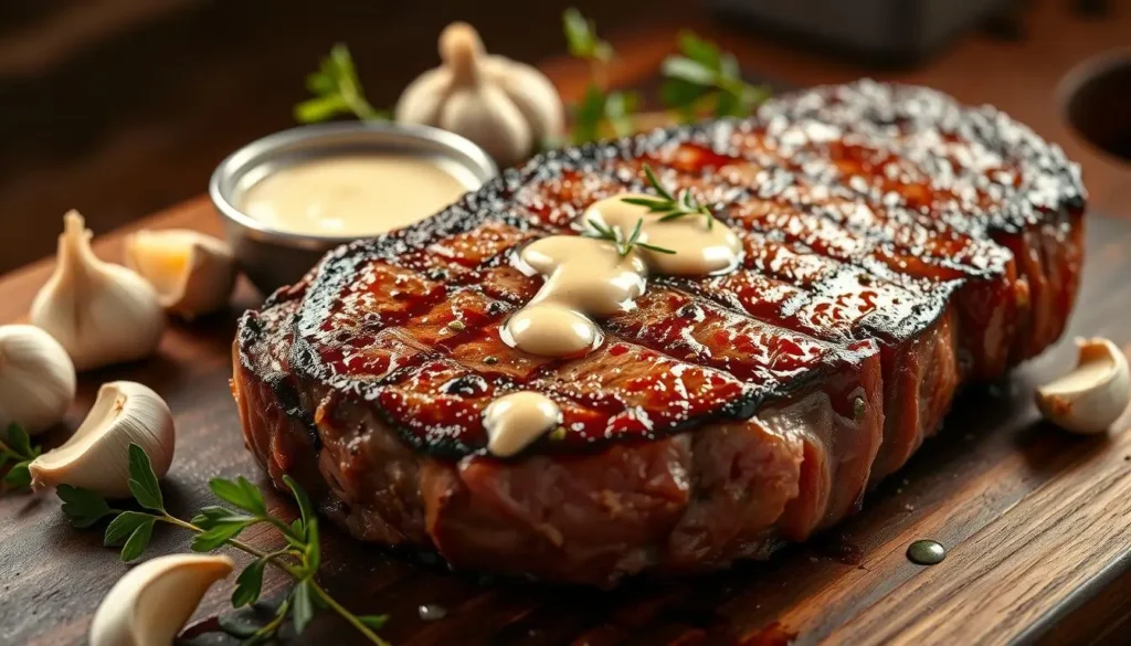 A close-up shot of a perfectly seared steak, its surface glistening with a delicate garlic sauce. The steak is placed on a dark, wooden cutting board, surrounded by an assortment of fresh herbs, garlic cloves, and a small bowl of creamy sauce. The lighting is warm and inviting, creating a cozy, intimate atmosphere. The overall composition emphasizes the essential ingredients for the perfect garlic sauce steak, highlighting the rich, savory flavors and the care taken in its preparation. A-close-up-shot-of-a-perfectly-seared-steak-its-surface-glistening-with-a-delicate-garlic
