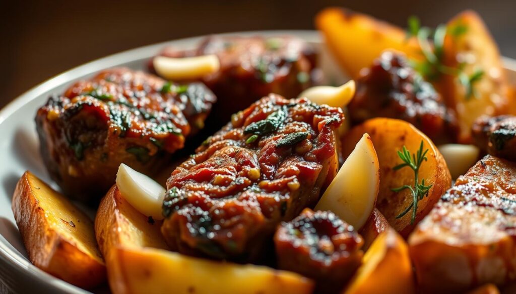 A close-up shot of a plate filled with juicy, seared garlic butter beef bites, nestled among golden brown roasted potato wedges. The beef is glistening with a rich, savory glaze, while the potatoes have a crisp exterior and a fluffy interior. Soft, fragrant garlic cloves dot the scene, hinting at the delectable flavors to come. The lighting is warm and natural, casting a cozy, inviting atmosphere. The camera angle is slightly elevated, highlighting the textures and details of the dish. The overall mood is one of hearty, comforting indulgence, perfectly capturing the essence of the slow-cooked "Garlic Butter Beef Bites" recipe. A close-up shot of a plate filled with juicy, seared garlic butter beef bites, nestled among golden brown roasted potato wedges. The beef is glistening with a rich, savory glaze, while the potatoes have a crisp exterior and a fluffy interior. Soft, fragrant garlic cloves dot the scene, hinting at the delectable flavors to come. The lighting is warm and natural, casting a cozy, inviting atmosphere. The camera angle is slightly elevated, highlighting the textures and details of the dish. The overall mood is one of hearty, comforting indulgence, perfectly capturing the essence of the slow-cooked "Garlic Butter Beef Bites" recipe.