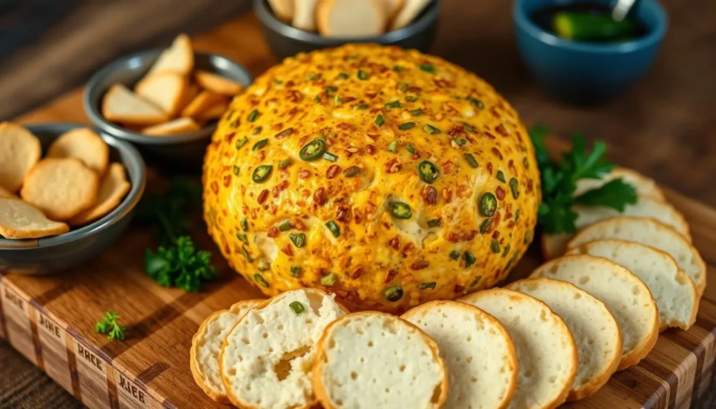 A close-up shot of a round, golden-brown jalapeno popper cheese ball, sitting on a wooden cutting board. The cheese ball is flecked with bits of diced jalapeno, creating a speckled appearance. The surface has a soft, creamy texture, inviting the viewer to imagine the savory, slightly spicy flavor. Surrounding the cheese ball are small dishes of crackers, sliced baguette, and fresh chopped parsley, creating a rustic, appetizing arrangement. Warm, diffused lighting bathes the scene, enhancing the inviting atmosphere. The camera angle is slightly elevated, giving a sense of depth and highlighting the delicious details of this irresistible jalapeno popper cheese ball. A-close-up-shot-of-a-round-golden-brown-jalapeno-popper-cheese-ball-sitting-on-a-wooden