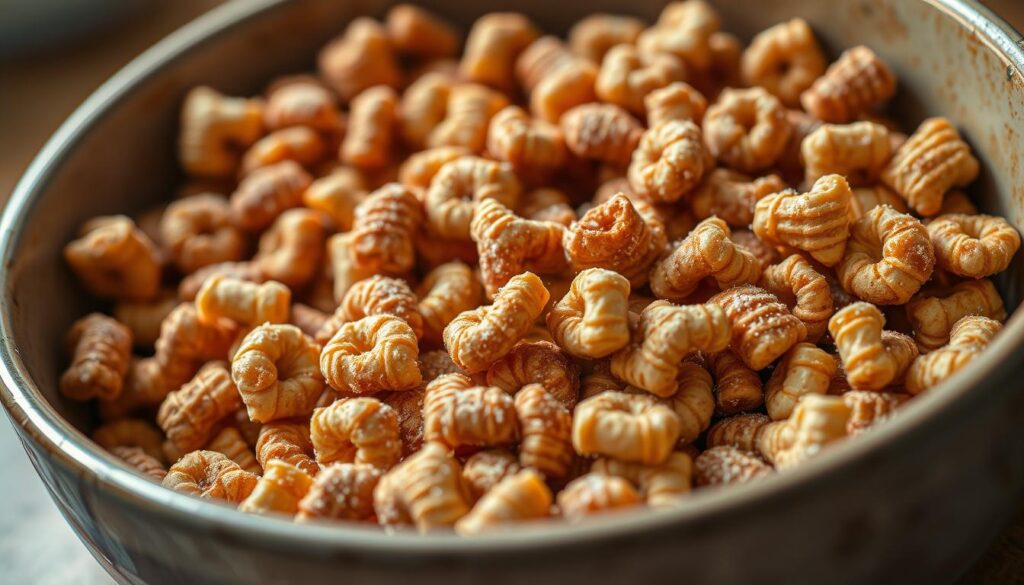 A close-up shot of a shallow bowl filled with freshly baked Chex cereal, coated in a glistening layer of cinnamon-sugar. The mixture is artfully arranged, with vibrant hues and a textural contrast between the crunchy cereal pieces and the soft, caramelized coating. Soft, diffused lighting illuminates the scene, casting warm shadows and highlighting the intricate patterns of the Chex shapes. The image conveys a sense of homemade comfort and the alluring aroma of baked cinnamon goodness. The composition draws the viewer's eye to the center of the bowl, inviting them to imagine the satisfying crunch and sweet-and-salty flavor of this irresistible Chex Mix. A close-up shot of a shallow bowl filled with freshly baked Chex cereal, coated in a glistening layer of cinnamon-sugar. The mixture is artfully arranged, with vibrant hues and a textural contrast between the crunchy cereal pieces and the soft, caramelized coating. Soft, diffused lighting illuminates the scene, casting warm shadows and highlighting the intricate patterns of the Chex shapes. The image conveys a sense of homemade comfort and the alluring aroma of baked cinnamon goodness. The composition draws the viewer's eye to the center of the bowl, inviting them to imagine the satisfying crunch and sweet-and-salty flavor of this irresistible Chex Mix.