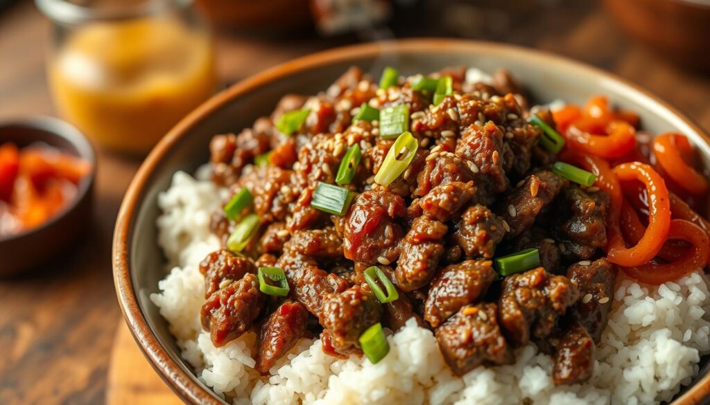 A close-up shot of a steaming bowl of freshly prepared Korean ground beef and rice. The beef is sizzling and glazed in a savory, slightly sweet sauce, garnished with thinly sliced scallions, sesame seeds, and a vibrant red kimchi on the side. The rice is fluffy and white, forming a perfect canvas for the flavorful ground beef. Soft, warm lighting illuminates the dish, creating an inviting and mouthwatering scene. The camera angle is slightly elevated, showcasing the layered textures and colors of this authentic Korean comfort food. The overall atmosphere is cozy, homemade, and sure to make your taste buds dance with delight. A close-up shot of a steaming bowl of freshly prepared Korean ground beef and rice. The beef is sizzling and glazed in a savory, slightly sweet sauce, garnished with thinly sliced scallions, sesame seeds, and a vibrant red kimchi on the side. The rice is fluffy and white, forming a perfect canvas for the flavorful ground beef. Soft, warm lighting illuminates the dish, creating an inviting and mouthwatering scene. The camera angle is slightly elevated, showcasing the layered textures and colors of this authentic Korean comfort food. The overall atmosphere is cozy, homemade, and sure to make your taste buds dance with delight.