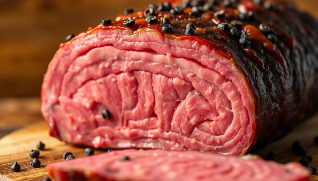 A close-up shot of a thick slice of corned beef, glistening with juices and adorned with vibrant specks of black peppercorns. The meat is sliced to reveal its distinct layered texture, with alternating stripes of lean and fatty tissue. The background is slightly blurred, featuring a warm, earthy tone that complements the rich hue of the corned beef. The lighting is soft and indirect, casting subtle shadows that accentuate the contours of the meat. The overall mood is one of rustic elegance, inviting the viewer to appreciate the craftsmanship and flavor of this classic deli staple. A close-up shot of a thick slice of corned beef, glistening with juices and adorned with vibrant specks of black peppercorns. The meat is sliced to reveal its distinct layered texture, with alternating stripes of lean and fatty tissue. The background is slightly blurred, featuring a warm, earthy tone that complements the rich hue of the corned beef. The lighting is soft and indirect, casting subtle shadows that accentuate the contours of the meat. The overall mood is one of rustic elegance, inviting the viewer to appreciate the craftsmanship and flavor of this classic deli staple.