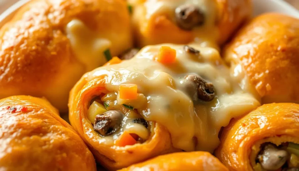 A close-up shot of freshly baked vegetable rolls, glistening with a golden-brown crust. The rolls are densely packed with a colorful medley of sautéed vegetables - vibrant carrots, tender zucchini, and earthy mushrooms. A generous layer of melted, bubbling cheese cascades over the top, creating a savory, mouth-watering appeal. The lighting is warm and natural, casting a soft glow that highlights the textures and layers within the dish. The composition places the rolls in the center, surrounded by a clean, minimalist backdrop that allows the delicious details to shine. This image evokes a sense of homemade comfort and culinary delight, perfectly capturing the essence of the "Cheesy Baked Vegetable Rolls" recipe. A-close-up-shot-of-freshly-baked-vegetable-rolls-glistening-with-a-golden-brown-crust.-The