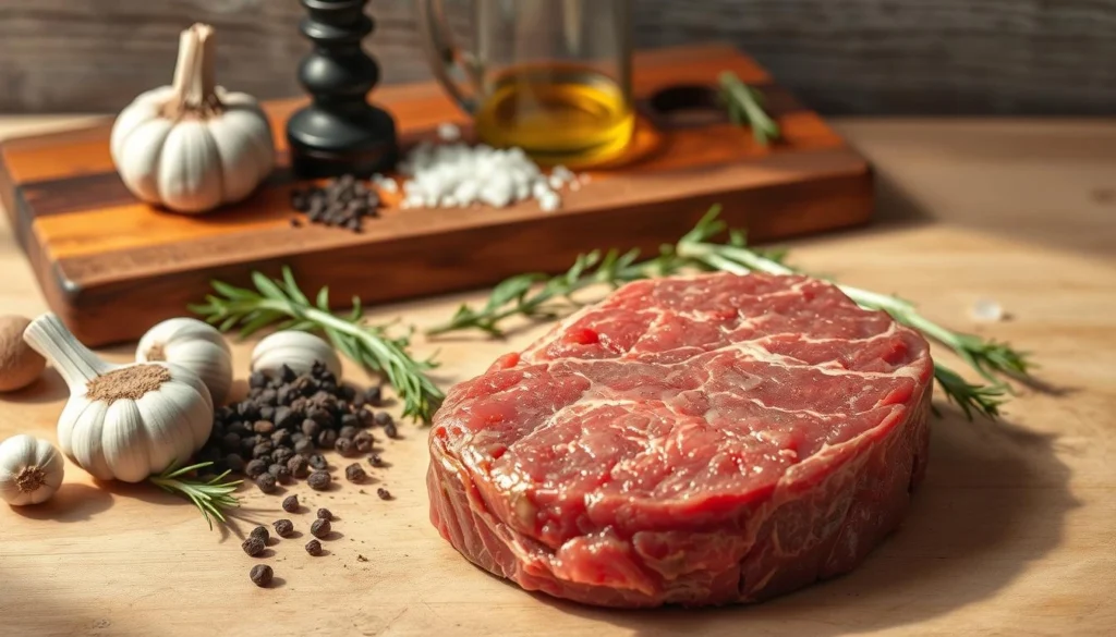 A close-up still life arrangement showcasing the essential ingredients and seasoning tips for a delectable round steak dish. In the foreground, a succulent round steak cut is prominently displayed, surrounded by a selection of aromatic spices and herbs, such as garlic, black pepper, rosemary, and thyme. In the middle ground, a wooden cutting board provides a rustic backdrop, with a drizzle of olive oil and a scattering of coarse salt crystals. The lighting is soft and natural, casting gentle shadows and highlighting the textures of the ingredients. The overall mood is one of simplicity, highlighting the key elements needed to elevate the round steak's flavor. A-close-up-still-life-arrangement-showcasing-the-essential-ingredients-and-seasoning-tips-for-a