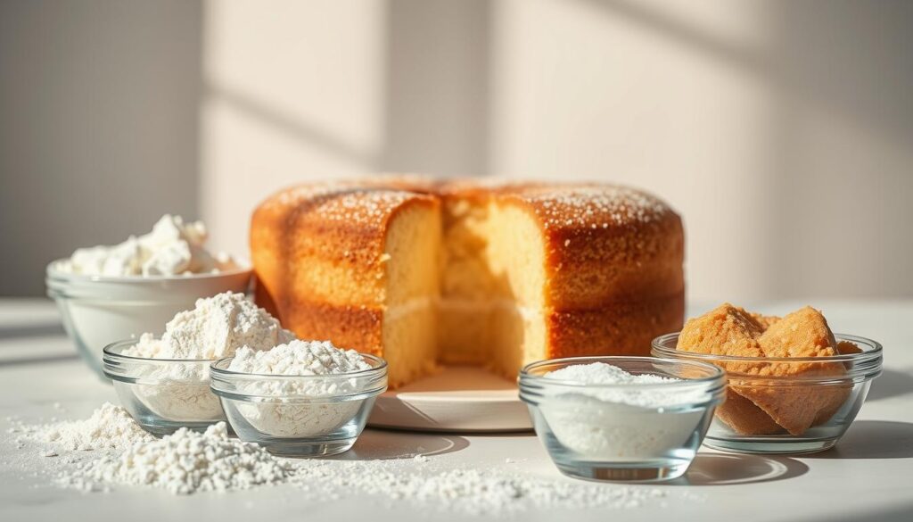 A close-up still life of various binding agents used in cake baking. The foreground features a selection of common cake binders such as flour, cornstarch, and xanthan gum, arranged neatly in small glass bowls. The middle ground showcases a freshly baked sponge cake, its tender crumb a testament to the efficacy of the binding ingredients. Warm, natural lighting from the side casts soft shadows, highlighting the textures and hues of the scene. The background is a simple, minimalist setting, allowing the baking materials to take center stage. This image effectively conveys the importance of binding agents in achieving the desired structure and consistency in egg-free cake recipes. A close-up still life of various binding agents used in cake baking. The foreground features a selection of common cake binders such as flour, cornstarch, and xanthan gum, arranged neatly in small glass bowls. The middle ground showcases a freshly baked sponge cake, its tender crumb a testament to the efficacy of the binding ingredients. Warm, natural lighting from the side casts soft shadows, highlighting the textures and hues of the scene. The background is a simple, minimalist setting, allowing the baking materials to take center stage. This image effectively conveys the importance of binding agents in achieving the desired structure and consistency in egg-free cake recipes.